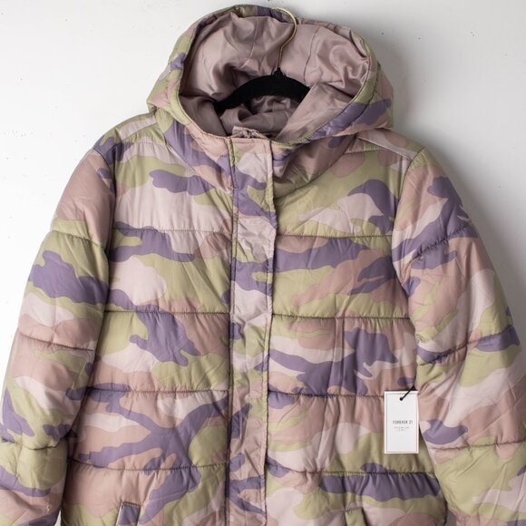 NEW Forever 21 Premium Label Women's Small Camouflage Long Hooded Puffer Jacket - Picture 2 of 9